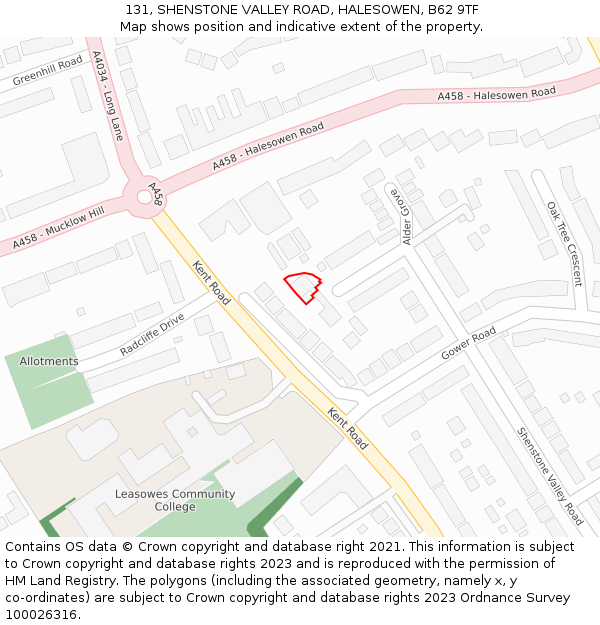 131, SHENSTONE VALLEY ROAD, HALESOWEN, B62 9TF: Location map and indicative extent of plot
