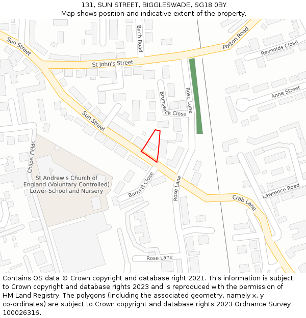 131, SUN STREET, BIGGLESWADE, SG18 0BY: Location map and indicative extent of plot