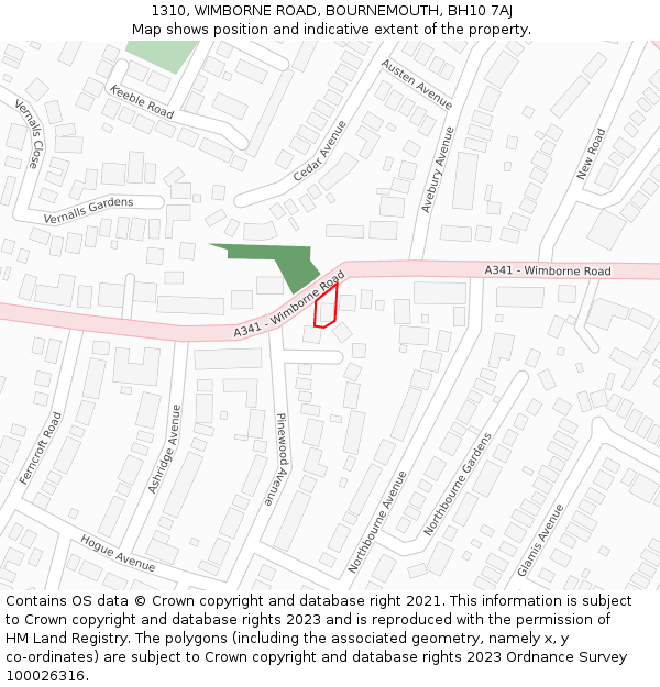 1310, WIMBORNE ROAD, BOURNEMOUTH, BH10 7AJ: Location map and indicative extent of plot