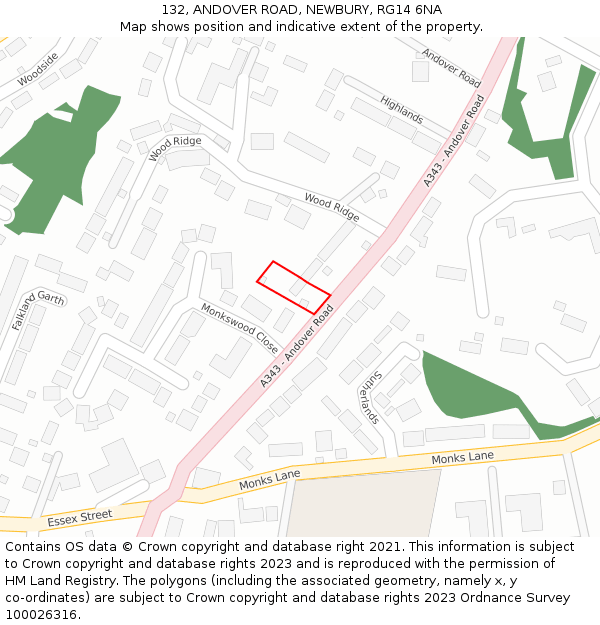 132, ANDOVER ROAD, NEWBURY, RG14 6NA: Location map and indicative extent of plot
