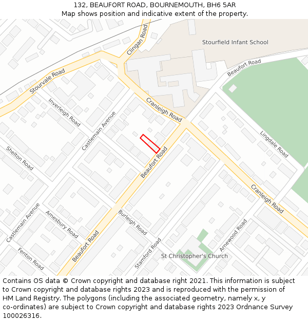 132, BEAUFORT ROAD, BOURNEMOUTH, BH6 5AR: Location map and indicative extent of plot
