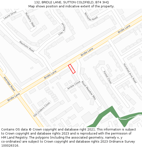 132, BRIDLE LANE, SUTTON COLDFIELD, B74 3HQ: Location map and indicative extent of plot