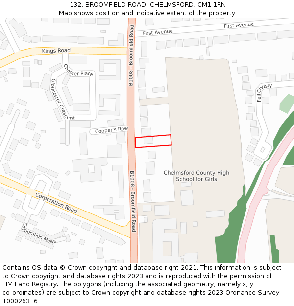 132, BROOMFIELD ROAD, CHELMSFORD, CM1 1RN: Location map and indicative extent of plot