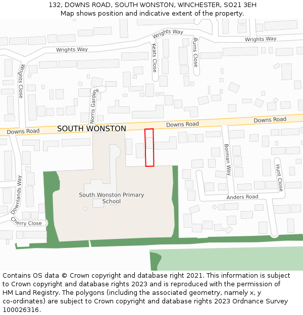 132, DOWNS ROAD, SOUTH WONSTON, WINCHESTER, SO21 3EH: Location map and indicative extent of plot