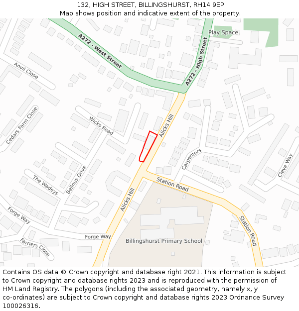 132, HIGH STREET, BILLINGSHURST, RH14 9EP: Location map and indicative extent of plot
