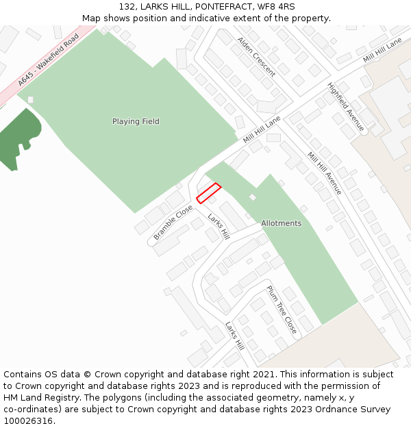 132, LARKS HILL, PONTEFRACT, WF8 4RS: Location map and indicative extent of plot