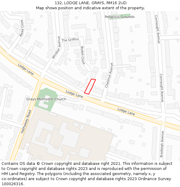 132, LODGE LANE, GRAYS, RM16 2UD: Location map and indicative extent of plot