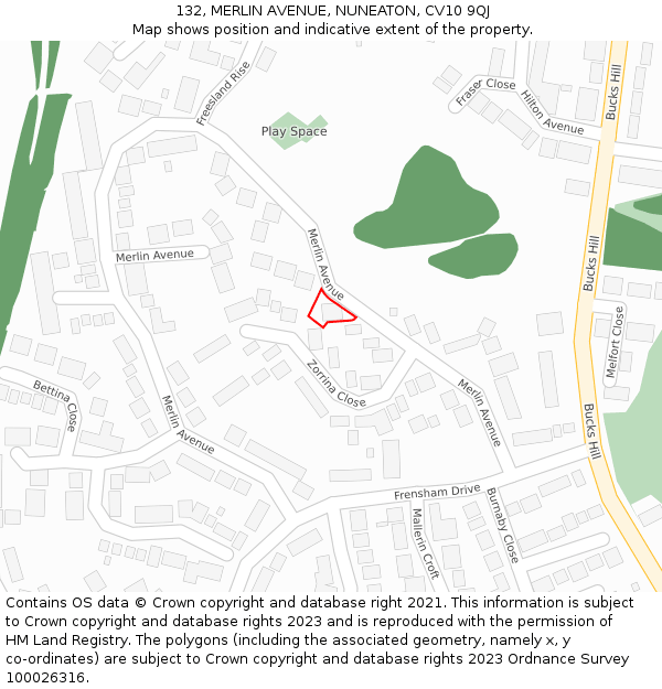 132, MERLIN AVENUE, NUNEATON, CV10 9QJ: Location map and indicative extent of plot