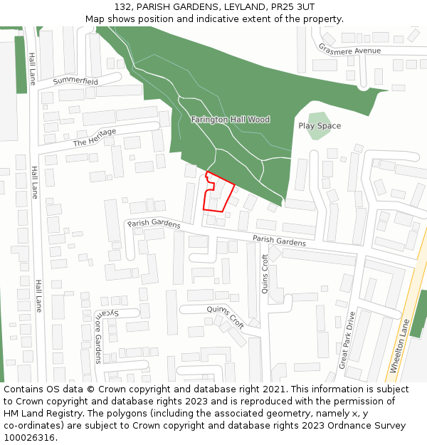 132, PARISH GARDENS, LEYLAND, PR25 3UT: Location map and indicative extent of plot