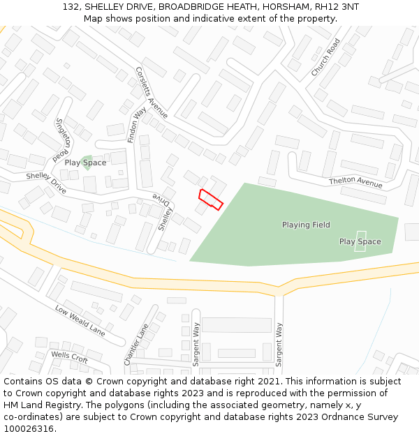 132, SHELLEY DRIVE, BROADBRIDGE HEATH, HORSHAM, RH12 3NT: Location map and indicative extent of plot