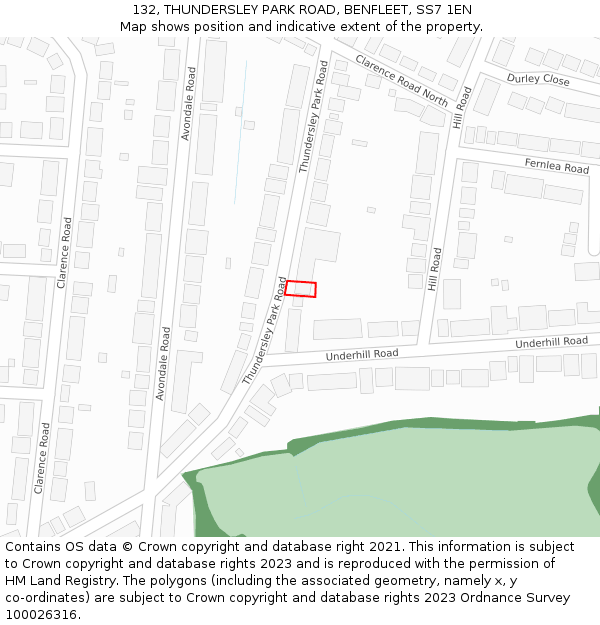 132, THUNDERSLEY PARK ROAD, BENFLEET, SS7 1EN: Location map and indicative extent of plot