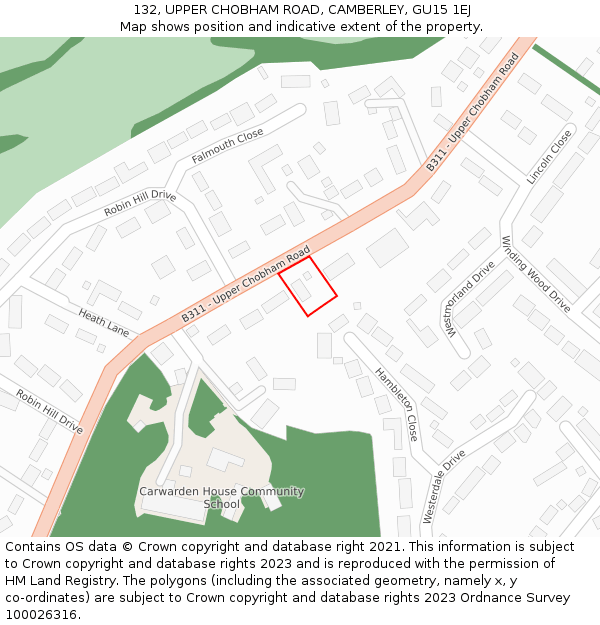 132, UPPER CHOBHAM ROAD, CAMBERLEY, GU15 1EJ: Location map and indicative extent of plot