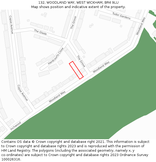 132, WOODLAND WAY, WEST WICKHAM, BR4 9LU: Location map and indicative extent of plot