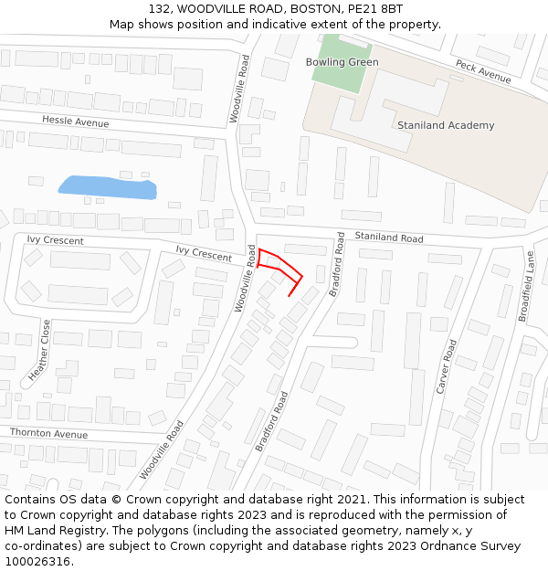 132, WOODVILLE ROAD, BOSTON, PE21 8BT: Location map and indicative extent of plot