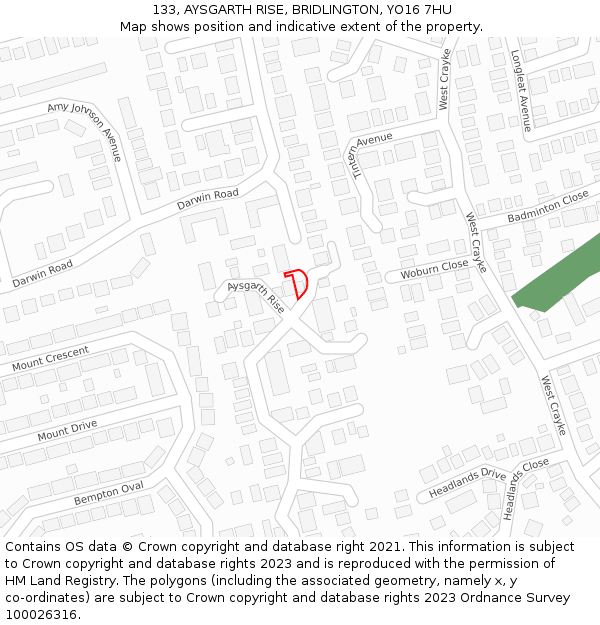 133, AYSGARTH RISE, BRIDLINGTON, YO16 7HU: Location map and indicative extent of plot