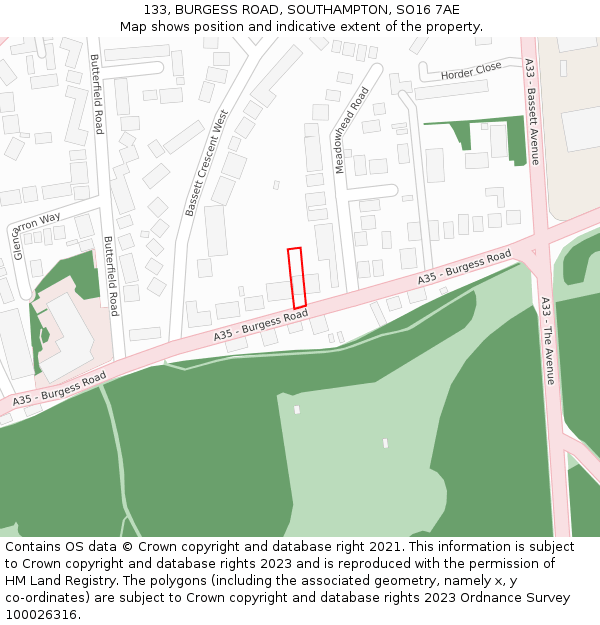 133, BURGESS ROAD, SOUTHAMPTON, SO16 7AE: Location map and indicative extent of plot