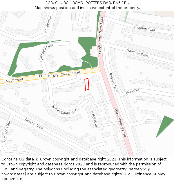 133, CHURCH ROAD, POTTERS BAR, EN6 1EU: Location map and indicative extent of plot