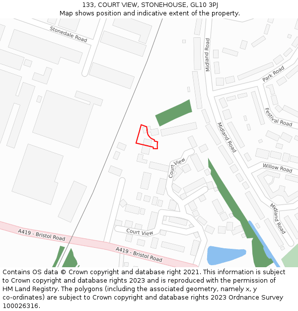 133, COURT VIEW, STONEHOUSE, GL10 3PJ: Location map and indicative extent of plot