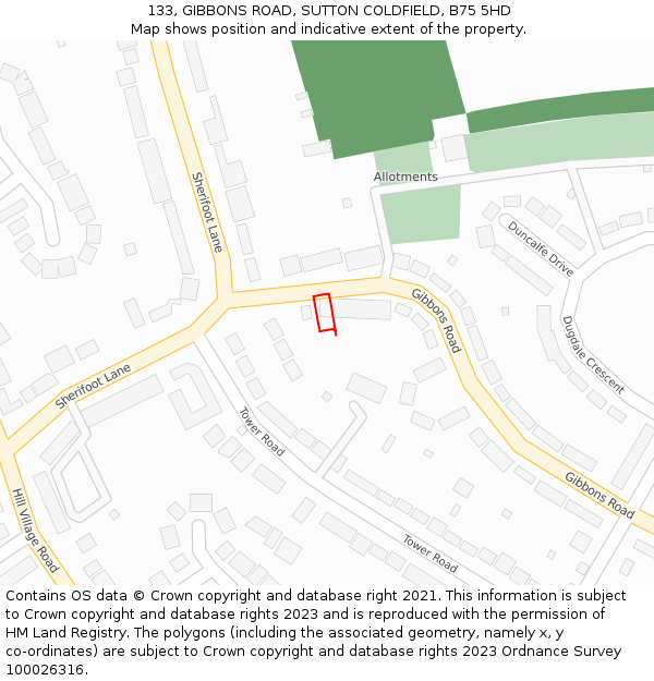 133, GIBBONS ROAD, SUTTON COLDFIELD, B75 5HD: Location map and indicative extent of plot