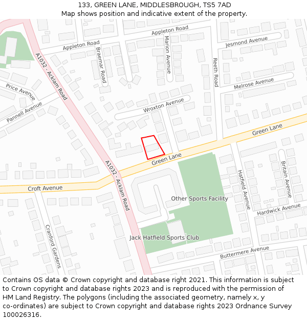 133, GREEN LANE, MIDDLESBROUGH, TS5 7AD: Location map and indicative extent of plot