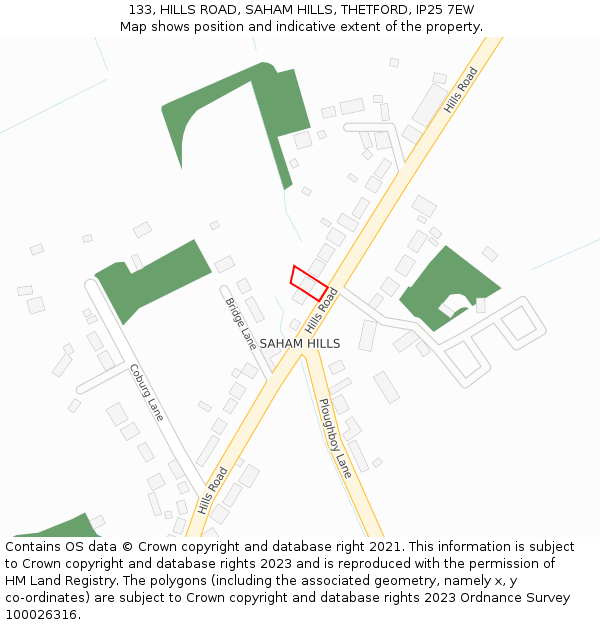 133, HILLS ROAD, SAHAM HILLS, THETFORD, IP25 7EW: Location map and indicative extent of plot