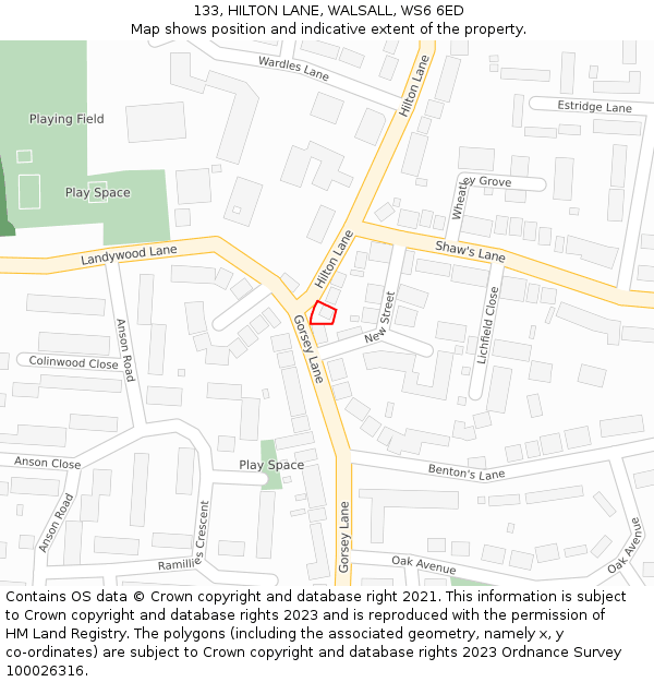 133, HILTON LANE, WALSALL, WS6 6ED: Location map and indicative extent of plot
