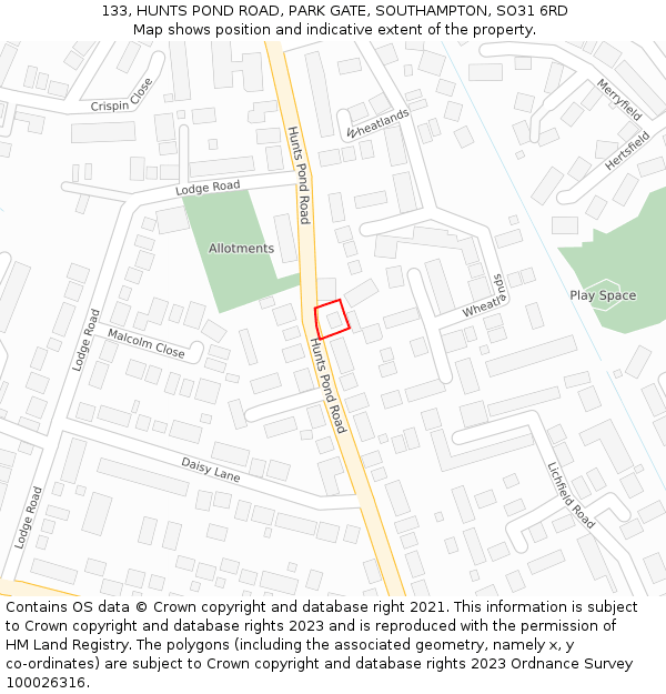 133, HUNTS POND ROAD, PARK GATE, SOUTHAMPTON, SO31 6RD: Location map and indicative extent of plot