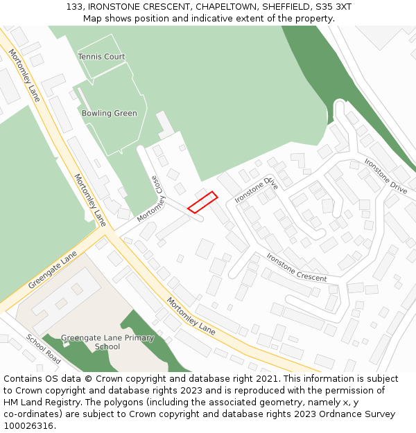133, IRONSTONE CRESCENT, CHAPELTOWN, SHEFFIELD, S35 3XT: Location map and indicative extent of plot