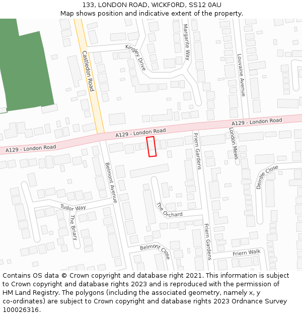 133, LONDON ROAD, WICKFORD, SS12 0AU: Location map and indicative extent of plot