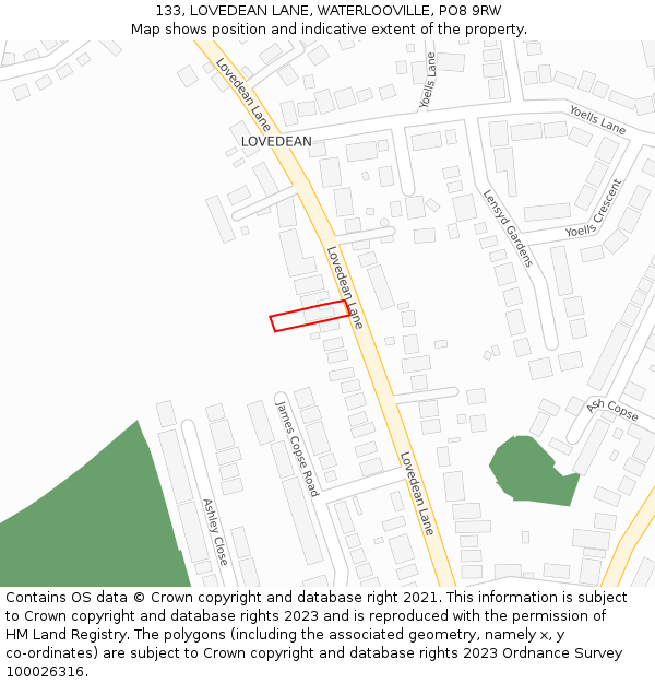 133, LOVEDEAN LANE, WATERLOOVILLE, PO8 9RW: Location map and indicative extent of plot
