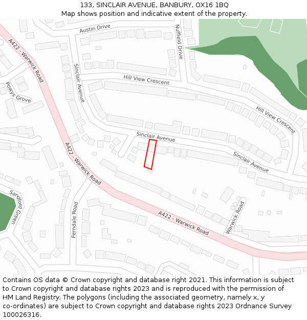 133, SINCLAIR AVENUE, BANBURY, OX16 1BQ: Location map and indicative extent of plot