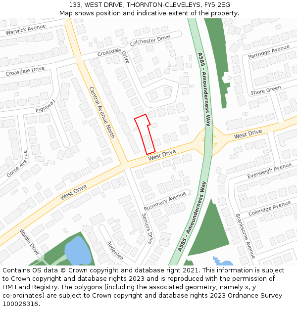133, WEST DRIVE, THORNTON-CLEVELEYS, FY5 2EG: Location map and indicative extent of plot