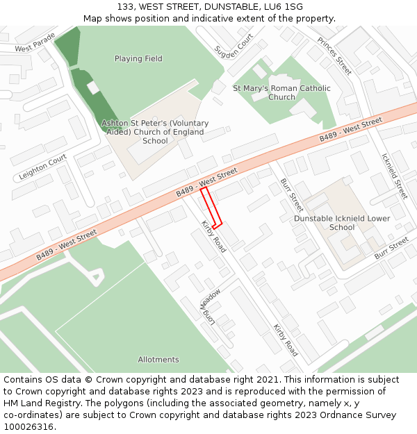 133, WEST STREET, DUNSTABLE, LU6 1SG: Location map and indicative extent of plot