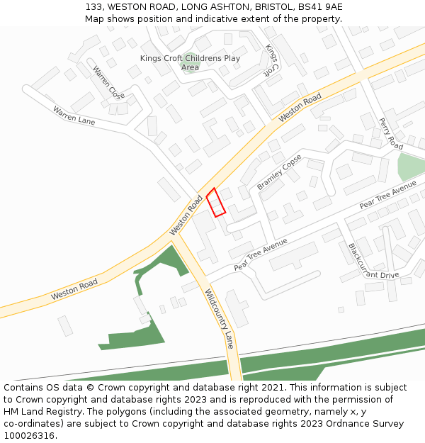 133, WESTON ROAD, LONG ASHTON, BRISTOL, BS41 9AE: Location map and indicative extent of plot