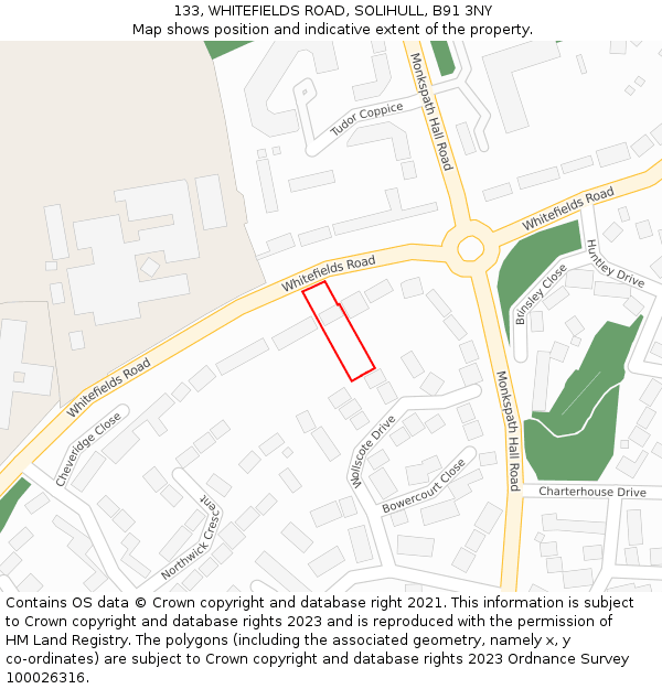 133, WHITEFIELDS ROAD, SOLIHULL, B91 3NY: Location map and indicative extent of plot