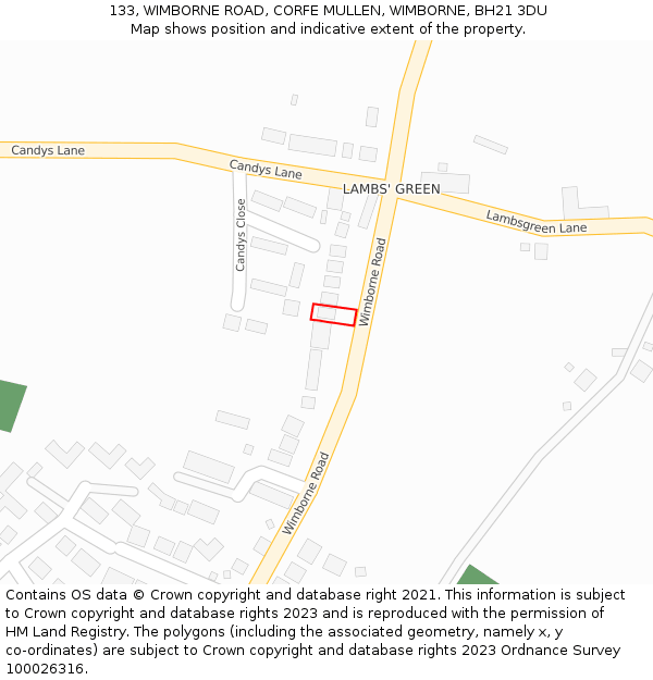 133, WIMBORNE ROAD, CORFE MULLEN, WIMBORNE, BH21 3DU: Location map and indicative extent of plot