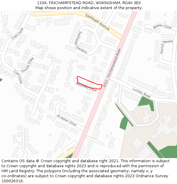 133A, FINCHAMPSTEAD ROAD, WOKINGHAM, RG40 3EX: Location map and indicative extent of plot