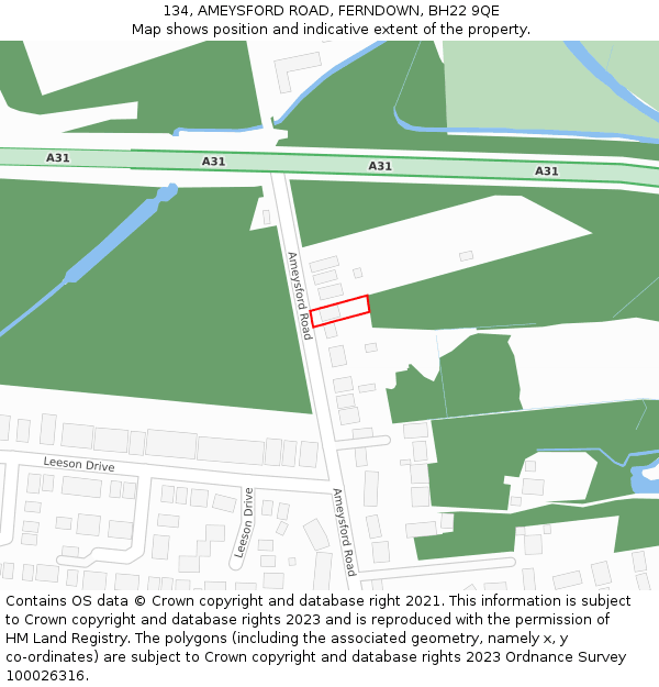 134, AMEYSFORD ROAD, FERNDOWN, BH22 9QE: Location map and indicative extent of plot