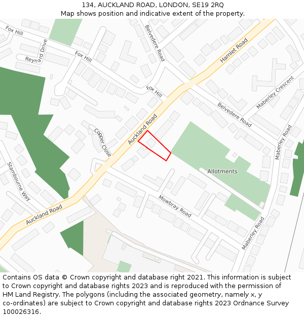 134, AUCKLAND ROAD, LONDON, SE19 2RQ: Location map and indicative extent of plot