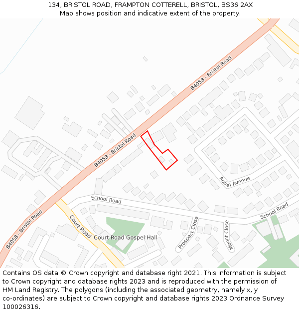 134, BRISTOL ROAD, FRAMPTON COTTERELL, BRISTOL, BS36 2AX: Location map and indicative extent of plot