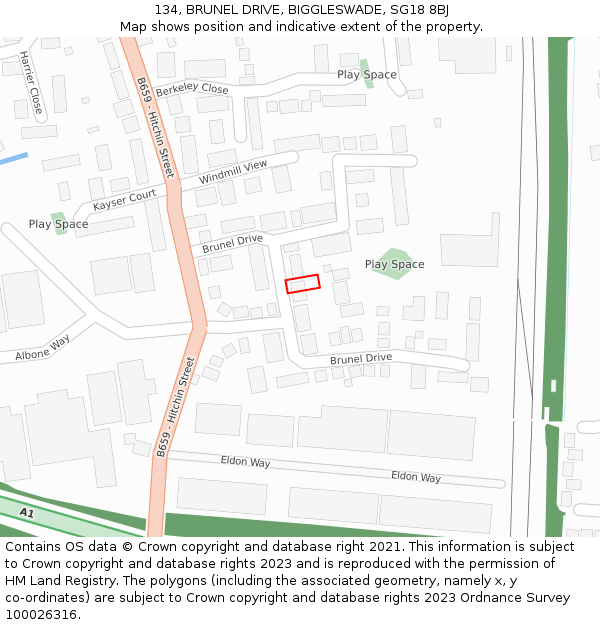 134, BRUNEL DRIVE, BIGGLESWADE, SG18 8BJ: Location map and indicative extent of plot