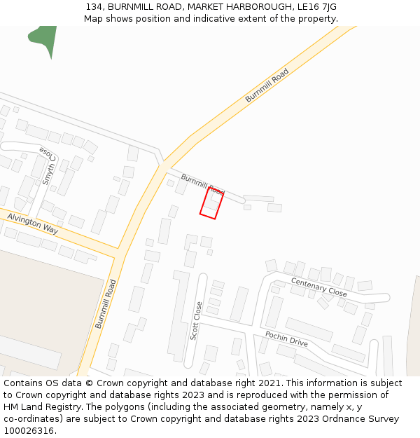 134, BURNMILL ROAD, MARKET HARBOROUGH, LE16 7JG: Location map and indicative extent of plot