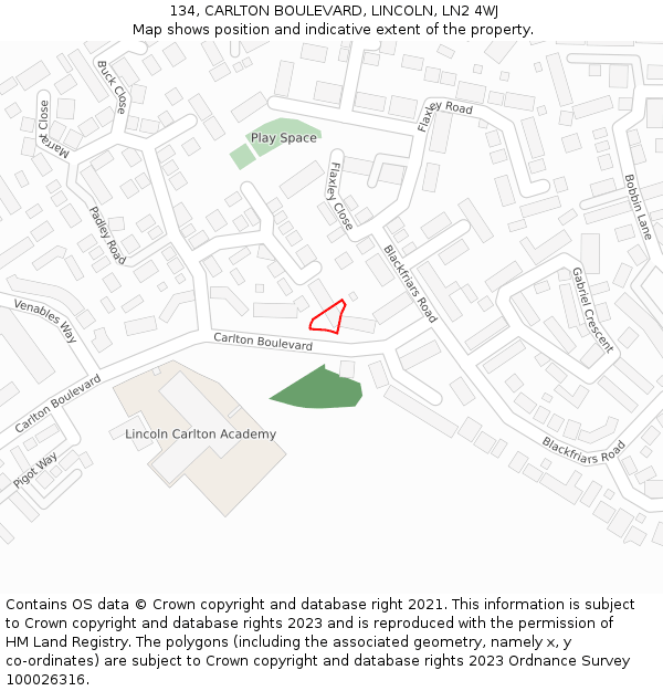 134, CARLTON BOULEVARD, LINCOLN, LN2 4WJ: Location map and indicative extent of plot
