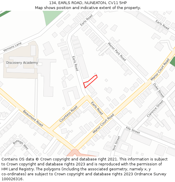 134, EARLS ROAD, NUNEATON, CV11 5HP: Location map and indicative extent of plot