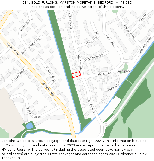 134, GOLD FURLONG, MARSTON MORETAINE, BEDFORD, MK43 0ED: Location map and indicative extent of plot