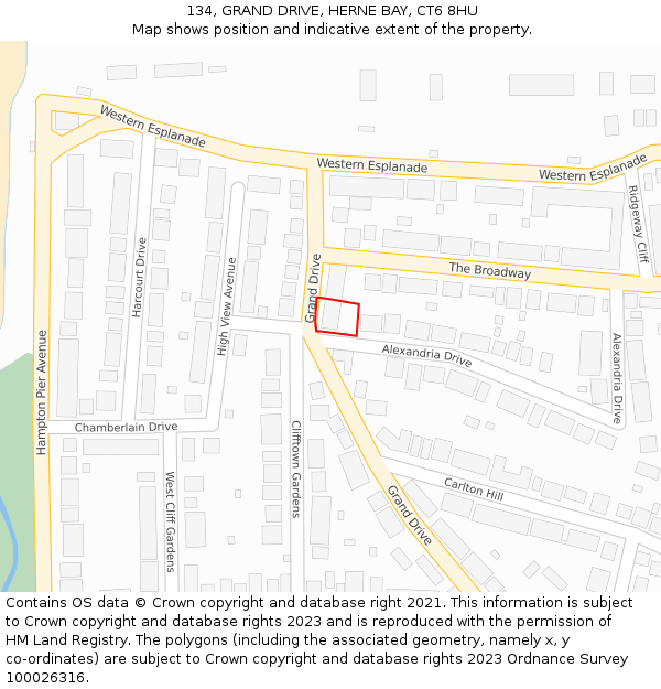 134, GRAND DRIVE, HERNE BAY, CT6 8HU: Location map and indicative extent of plot