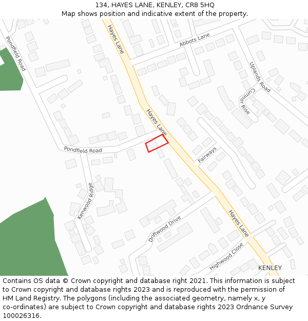 134, HAYES LANE, KENLEY, CR8 5HQ: Location map and indicative extent of plot