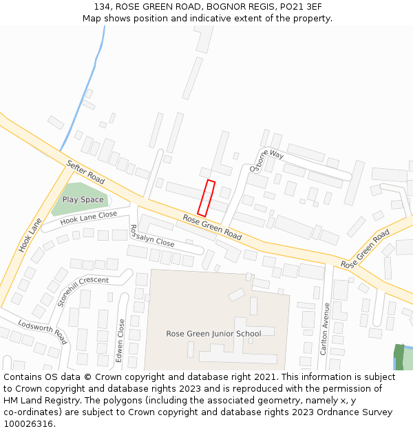 134, ROSE GREEN ROAD, BOGNOR REGIS, PO21 3EF: Location map and indicative extent of plot