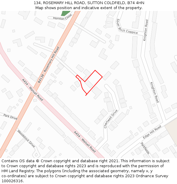 134, ROSEMARY HILL ROAD, SUTTON COLDFIELD, B74 4HN: Location map and indicative extent of plot