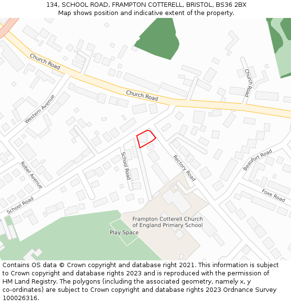 134, SCHOOL ROAD, FRAMPTON COTTERELL, BRISTOL, BS36 2BX: Location map and indicative extent of plot